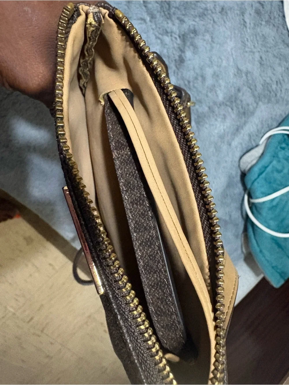 Michael Kors Dark Brown Leather Zip Card Wallet with Gold Plaque waistband